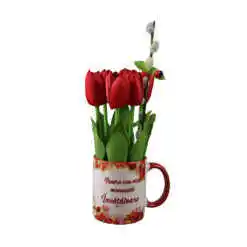 Aranjament floral in cana "Pentru cea mai minunata Invatatoare", cu lalele si ament