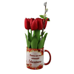 Aranjament floral in cana "Pentru cea mai minunata Educatoare", cu lalele si ament