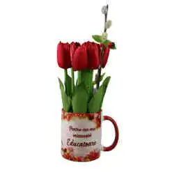 Aranjament floral in cana "Pentru cea mai minunata Educatoare", cu lalele si ament