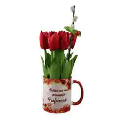 Aranjament floral in cana "Pentru cea mai minunata Profesoara", cu lalele si ament