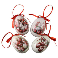 Set 4 oua din plastic 4 x 6 cm, albe & rosii cu iepurasi