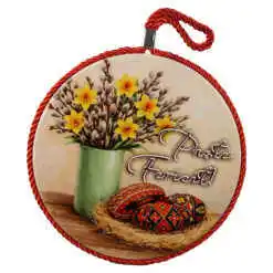Suport oale decor din ceramica "Paste Fericit!", 17 cm, Narcise cu oua colorate