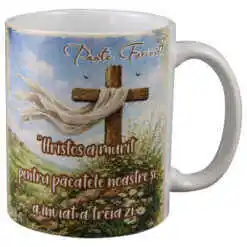 Cana ceramica "Paste Fericit, Hristos a murit pentru pacatele noastre...", 330 ml