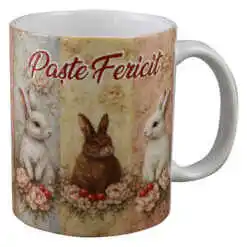 Cana ceramica "Paste Fericit" 330 ml, cu iepurasi, tricolor
