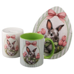 Set cadou de Paste - Cana si Pusculita ceramica + Puzzle, cu punga cadou, Iepuras, roz