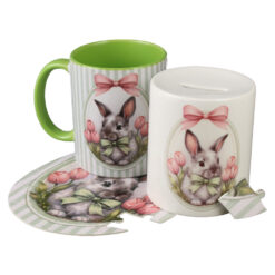 Alternative view of Set cadou de Paste - Cana si Pusculita ceramica + Puzzle, cu punga cadou, Iepuras, roz