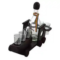 Suport lemn cu sticla si pahare de tuica in forma de locomotiva