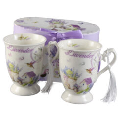Set 2 cani din ceramica, "Lavender", 300 ml, cu franjuri, in cutie cadou, Casuta
