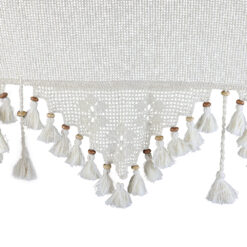 Perdea rustica din bumbac 140 x 150 cm, cu dantela, franjuri si margele din lemn