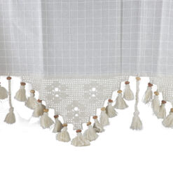 Perdea rustica din bumbac 160 x 180 cm, cu dantela si margele din lemn, ecru