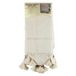Perdea rustica din bumbac 160 x 180 cm, cu dantela, franjuri si margele din lemn