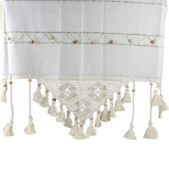 Perdea rustica din bumbac 140 x 100 cm, cu dantela si margele din lemn