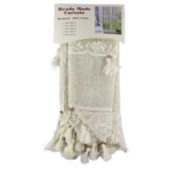 Perdea rustica din bumbac 140 x 100 cm, cu dantela, franjuri si margele din lemn