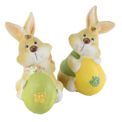Set 2 figurine iepurasi cu oua colorate, 10 cm, din ceramica