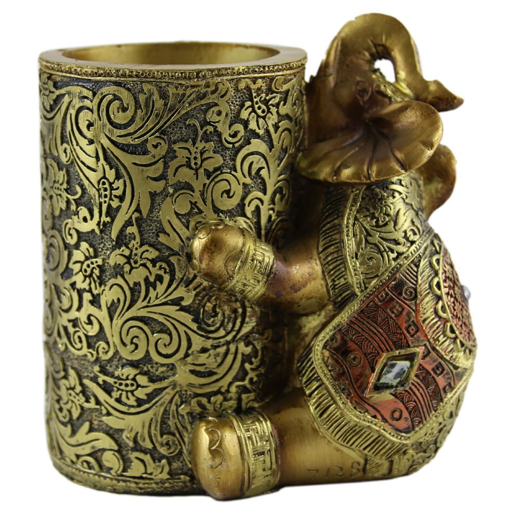 Suport creioane din rasina aurie cu elefant 11x10 CM