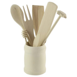 Set 6 ustensile din lemn pentru bucatarie cu suport rotund