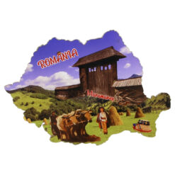 Magnet de frigider Harta Romaniei din lemn 10x7 CM, Maramures&Poarta traditionala