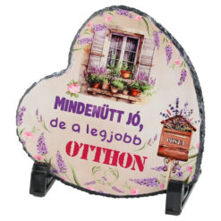 Placa ardezie "Mindenutt jo, de a legjobb Otthon!" 14x14 CM, Inimioara