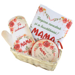 Set cadou "Regina noastra si a bucatariei, Mama!",cu suport oale, manusa, sort de bucatarie si cos