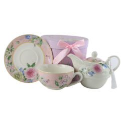 Alternative view of Set ceainic cu ceasca si farfurioara 350 ml/310 ml, Trandafiri, in cutie decorativa, roz