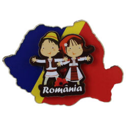 Magnet frigider din lemn "Romania" 9x7 CM, Harta Romaniei, Copii dansatori