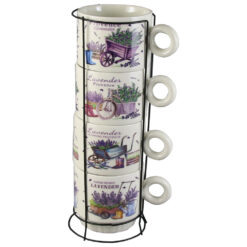 Set 4 cesti din ceramica cu suport metalic "Lavender Provence", 220 ml