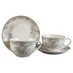 Set 2 cesti din ceramica cu farfurii, 150 ml, Trandafiri, albastru, in cutie cadou