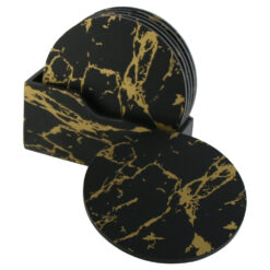 Set 6 suporturi pentru pahare din lemn, 10.5 CM, cu suport, Negru/auriu