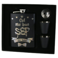 Set cadou "Cel mai bun Sef din lume",  Plosca cu palnie si 2 pahare