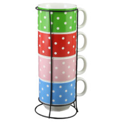 Set 4 cesti din ceramica cu suport metalic, 150 ml, Buline