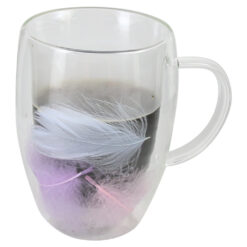 Cana de sticla cu pereti dubli 300 ml, cu pene/flori colorate