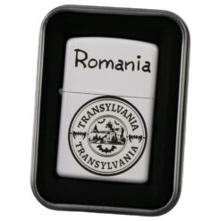 Bricheta metalica gravata "Romania/Transylvania" 3.5 x 5.5 cm, alb