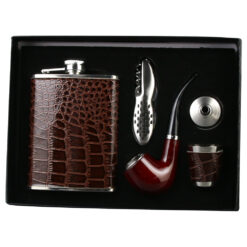 Set cadou pentru barbati, 5 piese, Plosca cu pahar & palnie, briceag si pipa
