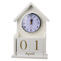 Calendar Perpetuu din lemn cu ceas 14x24 CM, Alb/auriu