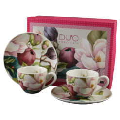 Set 2 cesti espresso cu farfurii din portelan 110 ml "Magnolie" in cutie decorativa