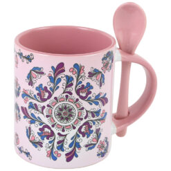 Cana ceramica cu lingurita, 330 ml, Roz, motive traditionale Corund
