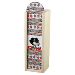 Cutie din lemn "Romania" cu sticla de vin 187 ml, Harta, motive traditionale