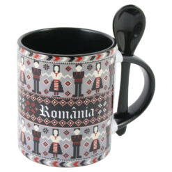 Cana ceramica cu lingurita, "Romania", 330 ml, dansatori, negru