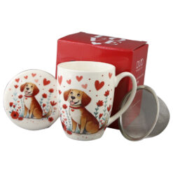 Cana portelan cu infuzor metalic si capac, 360 ml, Catel cu inimioare, cu cutie cadou