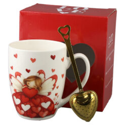 Cana portelan cu infuzor metalic inima, 360 ml, Ingeras cu inimioare, cu cutie cadou