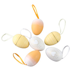 Set 6 oua din plastic 4x6 cm, albe & galbene, cu dungi si inimioare