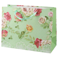 Punga cadou din hartie 23x18 cm, verde cu trandafiri