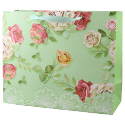 Punga cadou din hartie 32x26 cm, verde cu trandafiri