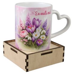 Cana cu suport din lemn, "La multi ani", 330 ml, flori de primavara