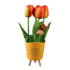 Aranjament floral in ghiveci plastic "Flowers & Garden", cu lalele si fluture, portocaliu