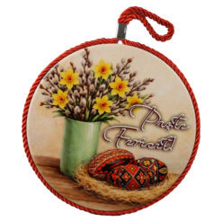 Suport oale decor din ceramica "Paste Fericit!", 17 cm, Narcise cu oua colorate