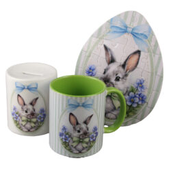Set cadou de Paste - Cana si Pusculita ceramica + Puzzle, cu punga cadou, Iepuras, albastru