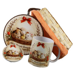 Set cadou "Aldott Husveti Unnepeket" - suport oale, cana, magnet si cos cu husa, carouri