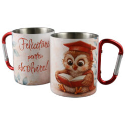 Cana metalica cu carabina "Felicitari pentru Absolvire!" 240 ml, Bufnita rosie