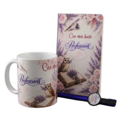 Set cadou "Cea mai buna Profesoara" - agenda, pix touchscreen si cana ceramica, cu suport din lemn